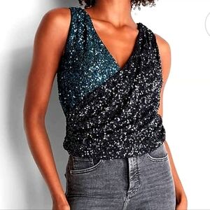 NEW Express Sequin Colorblock Faux Wrap Tank Sleeveless Top V-neck Blue Medium